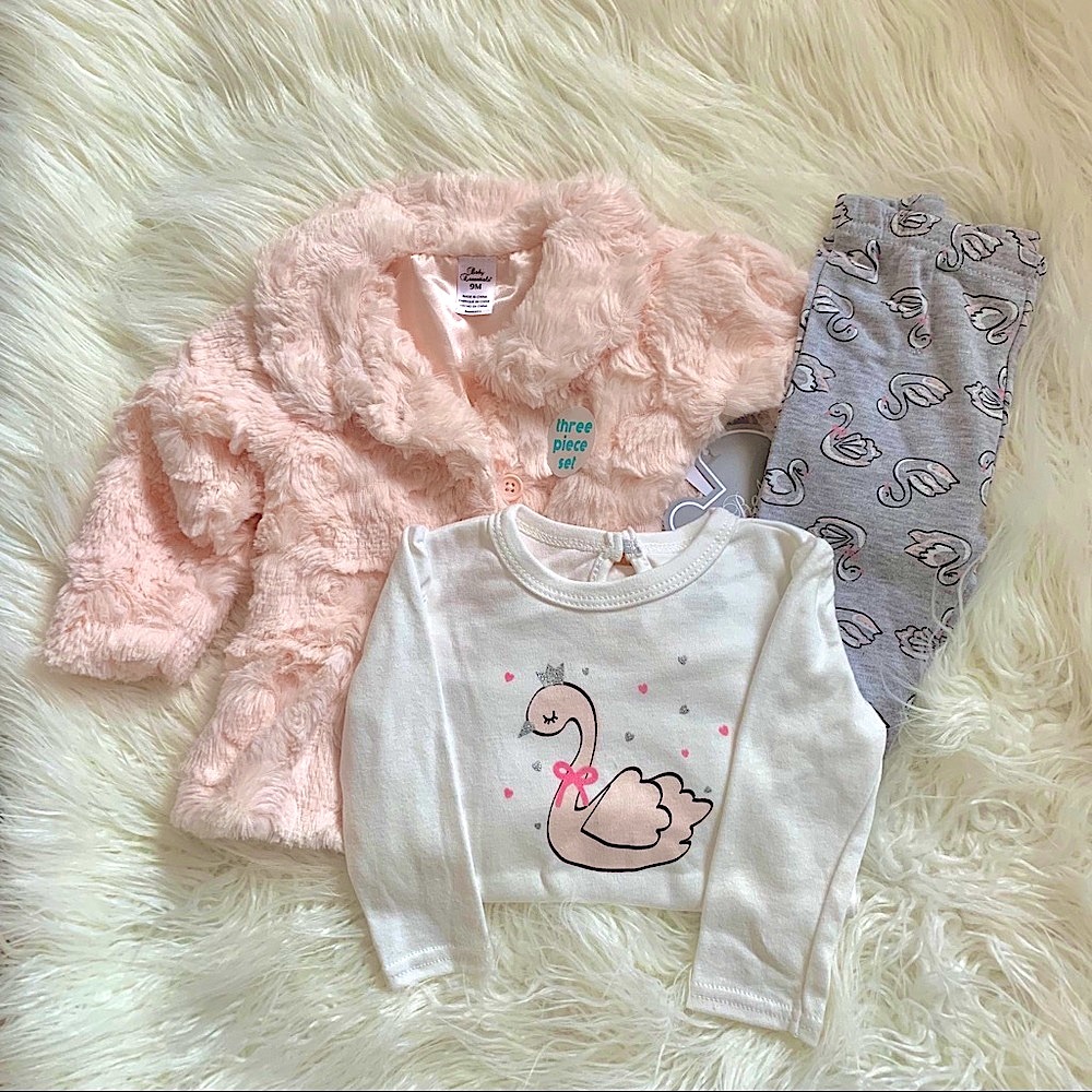 Three piece swan set - jacket, onesie, pants girl